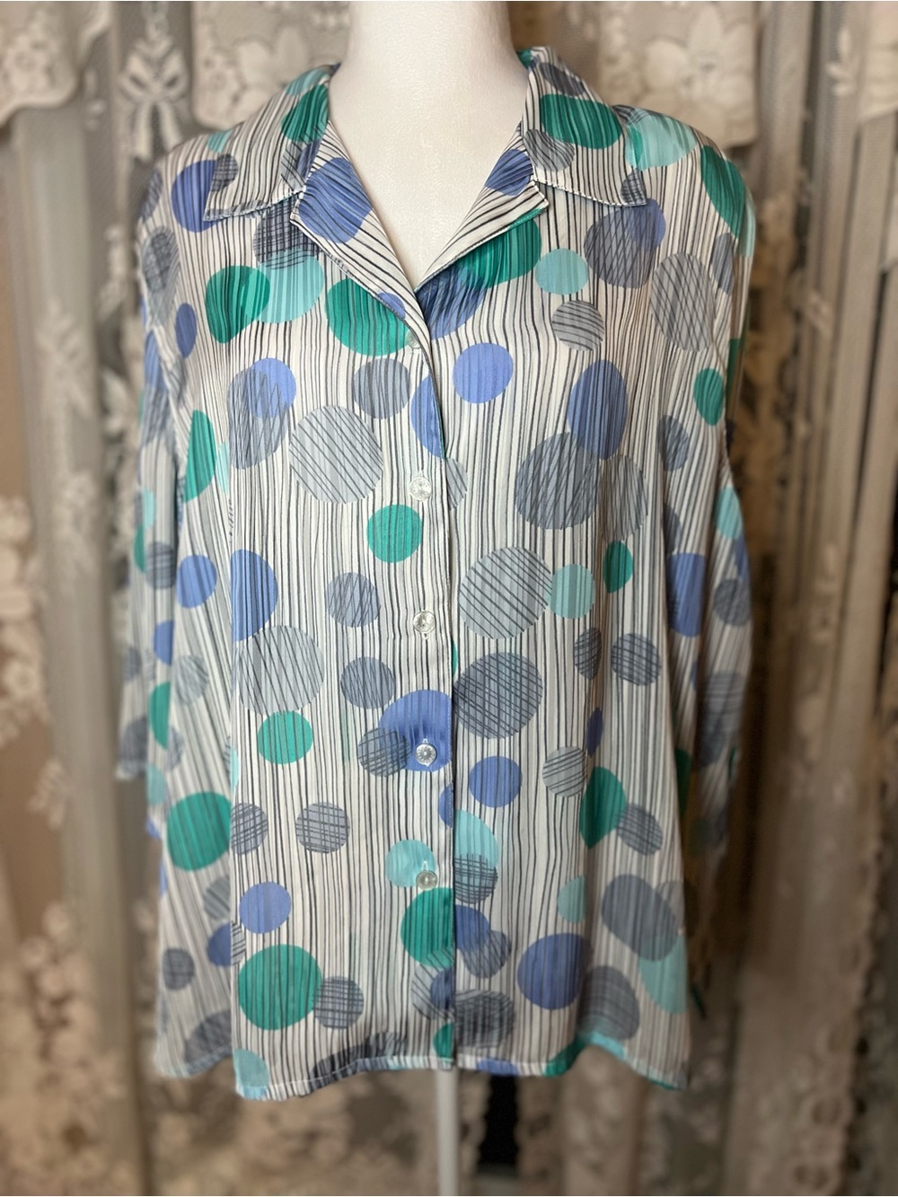 Vintage Alia Striped Button-Down Shirt with Teal & Blue Polka Dots
